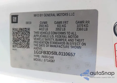 2020 Chevrolet Camaro Rwd 1Lt z USA, uszkodzony, nr VIN 1G1FB3DS0L0110657